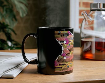 Fun Foodie Black Mug, Playful Drinkware, Donut Lover Gift, Cute Kitchen Decor, Coffee Cup for Foodies