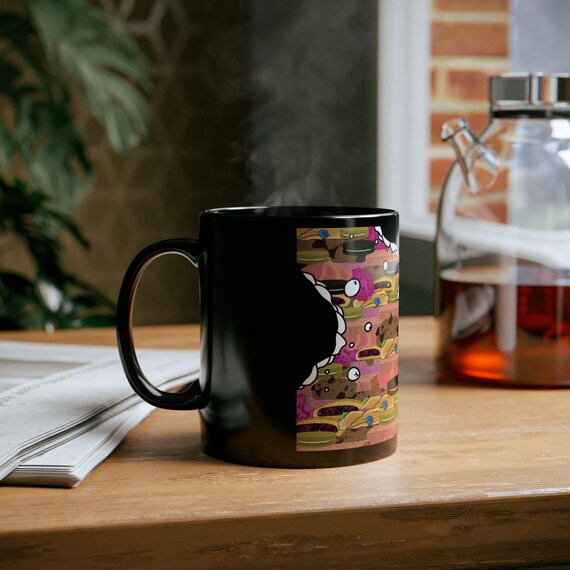 Fun Foodie Black Mug, Playful Drinkware, Donut Lover Gift, Cute Kitchen Decor, Coffee Cup for Foodies