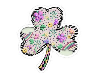 Cute Shamrock Sticker Pastel Clover with Hearts, Rainbows & Smiley Faces, St. Patricks Day Aesthetic Vinyl Sticker