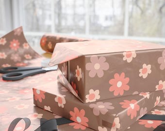 Floral Wrapping Paper Sheet, Retro Daisy Gift Wrap, Brown Pink Flower Wrap, Cute Vintage Style Gift Wrap, Birthday Mothers Day Packaging