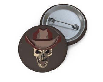 Western Skull Pin Button, Cowboy Skull Pinback Badge, Gothic Western Button, Dark Western Jacket Pin, Outlaw Accessory Gift,  Cowboy Pin
