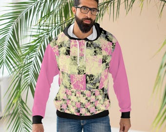 Pull à motif damier pastel grunge | Pull à capuche rose noir