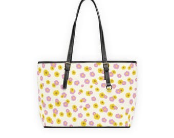 Pink and Yellow Ditsy Floral PU Leather Shoulder Bag | Floral Pattern Tote