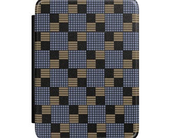 Geometric Checkered Pattern Kindle Case | Blue Black Tan Grid Sleeve
