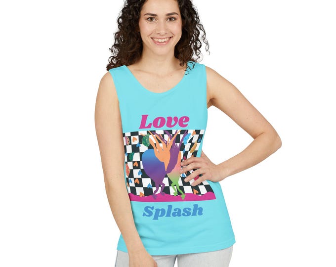 Featured listing image: Love Splash Tank Top – Colorful Heart Graphic Sleeveless Shirt, Artistic Women’s Tank, Summer Statement Top