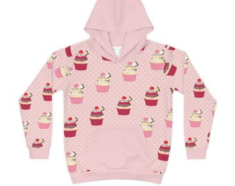 Kawaii Cupcakes Pattern Hoodie | Kids Pink Cupcake Pullover