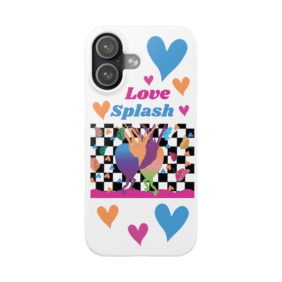 Love Splash Heart Design Slim Phone Case | Colorful Hearts, Checkerboard
