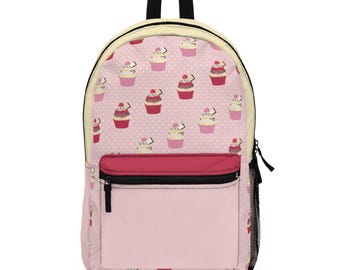 Cupcake Backpack, Cute Dessert School Bag, Pink Kawaii Backpack, Bakery Print Bookbag, Sweet Cupcake Lover Gift for Kids