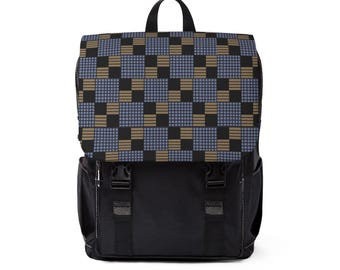Geometric Checkered Pattern Backpack | Blue Tan Square Design