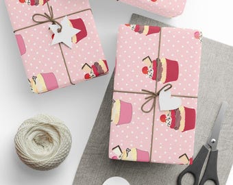 Cupcake Wrapping Paper, Cute Dessert Gift Wrap, Pink Bakery Wrapping Paper, Kawaii Birthday Gift Wrap, Sweet Cupcake Party Decor