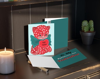 Valentine Cat Greeting Card, Cute Hugs and Kisses Kitty Love Card for Her or Him