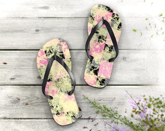 Pastel Grunge Checker Flip Flops | Pink Yellow Distressed Pattern
