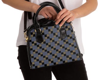 Navy Tan Checkerboard Shoulder Handbag | Geometric Pattern Bag