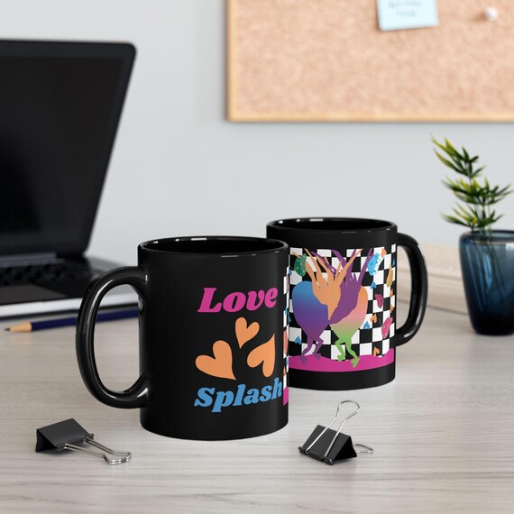 Love Splassh Mug | Black Ceramic Coffee Cup, Checkerboard Pattern