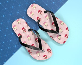 Cupcake Flip Flops, Cute Dessert Sandals, Pink Kawaii Summer Shoes, Bakery Print Beach Sandals, Sweet Cupcake Lover Gift