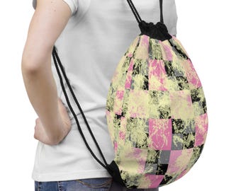 Pastel Grunge Checkerboard Drawstring Bag | Pink Yellow Black Pattern