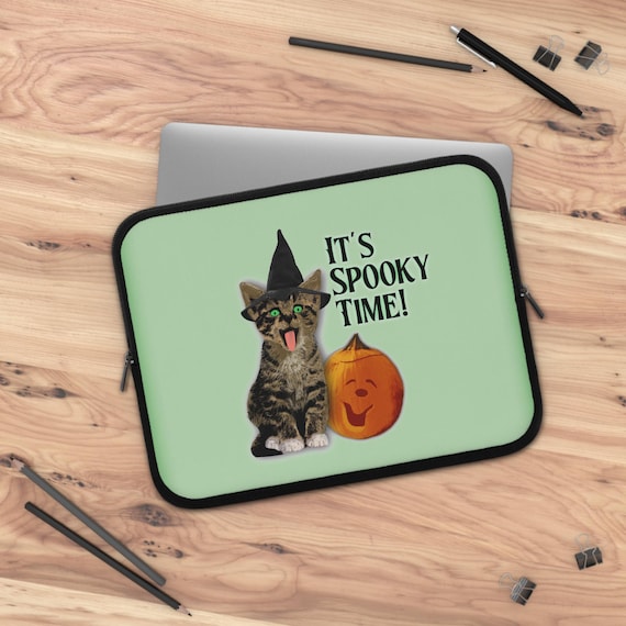 Halloween Cat Laptop Sleeve, Cute Cat Tech Case, Organizational Sleeve, Spooky Time Gadget Cover, Seasonal Gift for Cat Lovers
