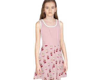 Girls Cupcake Summer Dress, Cute Dessert Dress for Kids, Pink Kawaii Girls Dress, Bakery Print Sundress, Sweet Birthday Outfit Gift