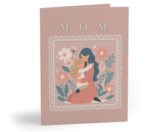 Mother’s Day Card for Mom, Mom & Child Illustration Card, Floral Vintage Style Greeting Card, Elegant Blush Pink Mom Card, Mothers Day Gift