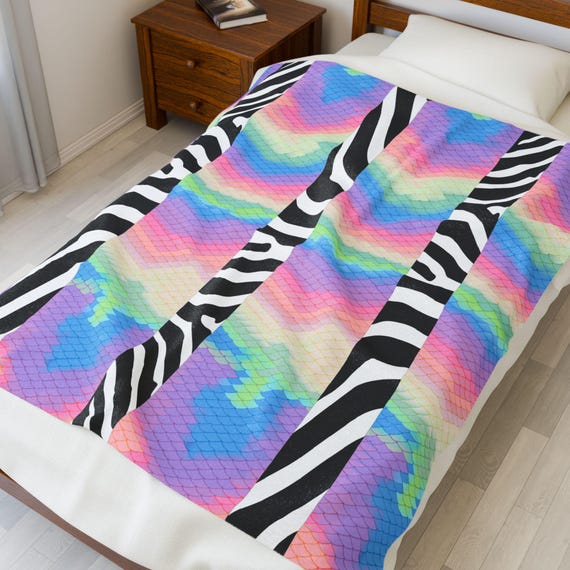 Colorful Zebra mermaid Print Velveteen Plush Blanket, Cozy Throw, Soft Fleece Blanket, Bedroom Decor, Gift for Animal Lovers