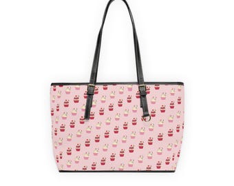 Pink Cupcake Pattern Shoulder Bag | PU Leather Tote, Dessert Print