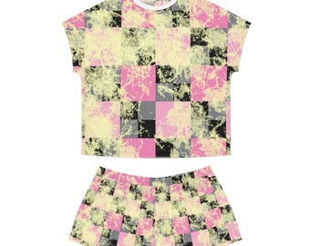 Pink Black Yellow Checkerboard Pattern Pajama Set