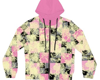 Pink Grunge Plaid Hoodie | Full-Zip Hooded Jacket