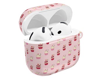 Cupcake Earbud Case, Cute Dessert AirPods Case, Pink Kawaii Earbuds Cover, Bakery Print Headphone Case, Sweet Tech Accessory Gift