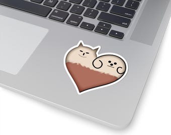 Cute Cat Dog Heart Sticker, Kawaii Pet Vinyl Decal, Funny Animal Laptop Sticker, Whimsical Friendship Sticker, Cute Gift for Pet Lovers