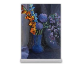 Blue Vase Floral Still Life Print, Moody Flower Desk Art, Dark Aesthetic Wall Decor, Colorful Botanical Artwork, Office Desk Display Gift