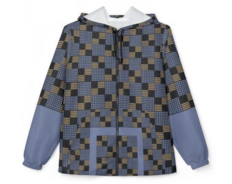 Blue Brown Checkered Pattern Windbreaker
