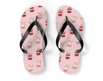 Cupcake Pattern Flip Flops | Pink Dessert Beach Sandals