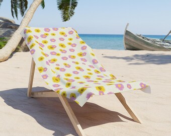 Toalla de playa con estampado de margaritas amarillas y rosas / Estampado floral veraniego
