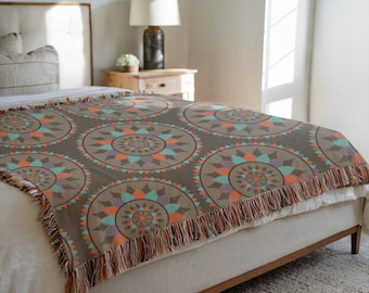 Boho Woven Throw Blanket, Mandala Fringe Blanket, Geometric Couch Throw, Rustic Bohemian Home Decor, Cozy Bed Sofa Blanket