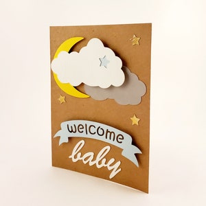 Carte 3D faite à la main - Bébé « Welcome Baby Clouds » - Bleu
