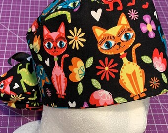 Krazy Kats Ponytail Scrub Cap: Ribbon Tie, cats, deep pony pocket