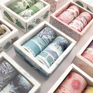 Romantic Washi Tape | 12 pc set | 1.5cm*3m | Pink Floral | Green Leaves | Blue Pattern | Geometric