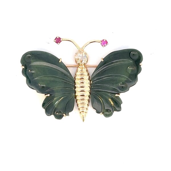 Cellino 14K Yellow Gold Butterfly Design Pin Brooch with Jade, Ruby, Diamond