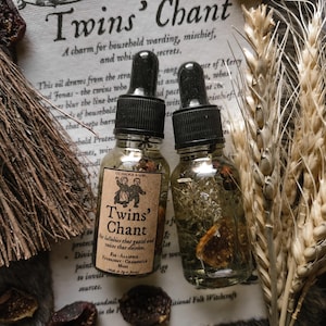 Twins’ Chant Ritual Oil – Folk Witchcraft for Household Warding, Mischief & Whispers – Inspired by The VVitch - Grimoire Sheet Included
