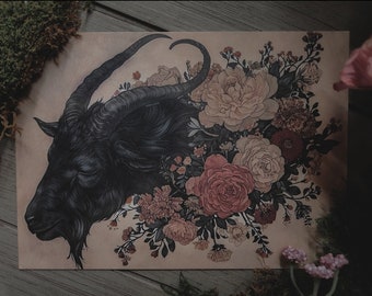 Meadow of Horn and Hoof - Black Goat Print - 5" x 7" - Cottagecore - Witch - Fantasy - Woodland