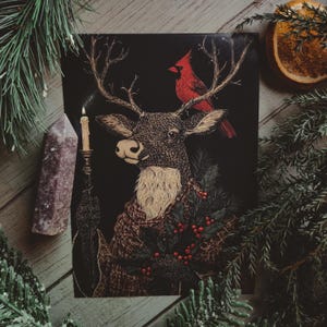 Stechpalme Hirsch - 18 x 12 cm Kunstdruck - Wintersonnenwende Yule Digitale Kunst - Buck - Hexerei - Kardinal