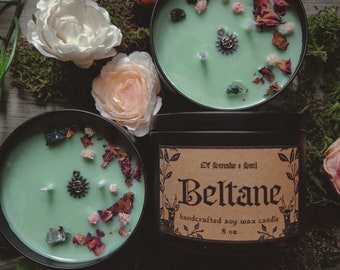 Beltane Ritual Candle - May Day - 8 oz Soy Wax - Witchcraft - Sabbat - Rose