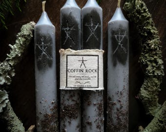 Coffin Rock Taper Candles - Blair Witch Inspired Ritual Candles - Ancestor Work, Spirit Offerings, Endings, Old-Land Magic | Pair of 6”