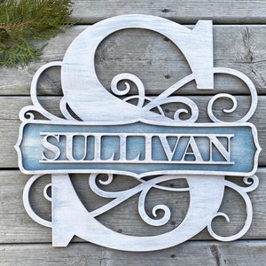 May include: A white wooden letter S with decorative swirls and a blue wooden plaque with the name "SULLIVAN" in white lettering. The sign is a home decor item.