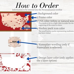 May include: How to order a personalized hockey stadium map.  Choose the background, frame, USA map, hockey puck icon, nameplate wording, and design layer colors.  The map shows the United States with red dots representing hockey stadiums.