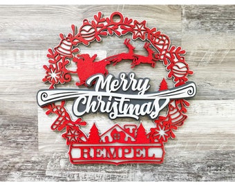 Buon Natale Corona d'albero Ornamento personalizzato Segno di legno con nome di famiglia personalizzato Festive Festive Stagionale Porta d'ingresso Decorazione domestica
