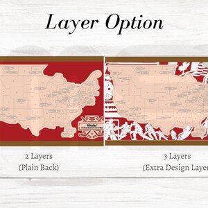 May include: Two options for a hockey stadium travel map. The first option is a two-layer map with a plain red back. The second option is a three-layer map with an extra design layer. Both maps feature a red, white, and blue hockey stick and puck design with the text "Nikolas' Hockey Stadium Travel Map".