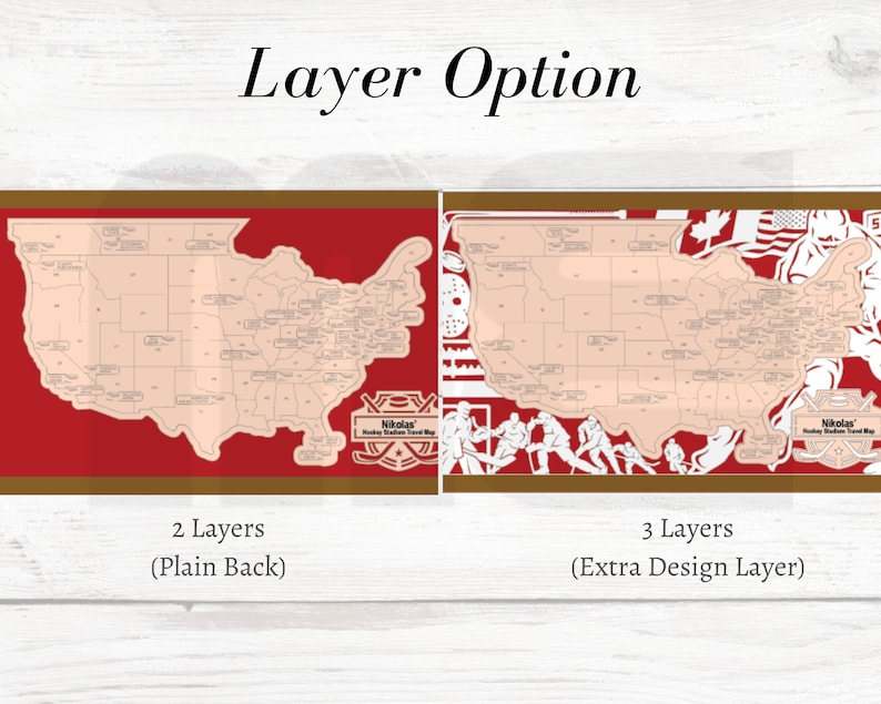 May include: Two options for a hockey stadium travel map. The first option is a two-layer map with a plain red back. The second option is a three-layer map with an extra design layer. Both maps feature a red, white, and blue hockey stick and puck design with the text "Nikolas' Hockey Stadium Travel Map".