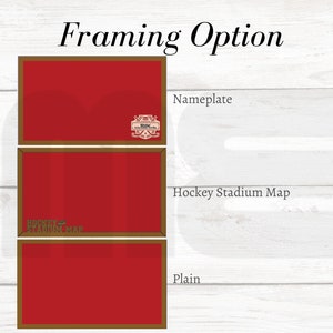 May include: Three framing options for a hockey stadium map print. The top option includes a nameplate, the middle option includes the words "Hockey Stadium Map", and the bottom option is plain.