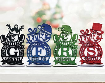 Decorazione natalizia pupazzo di neve, Monogramma pupazzo di neve, Ornamento di Natale pupazzo di neve, Regalo personalizzato, Decorazione natalizia